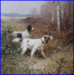 Fine original French antique oil painting on canvas hunting dog(s) frame 19th