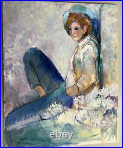Florence Drazen, Women Sitting In Flowerbed, Vintage Impressionist Oil on Canvas