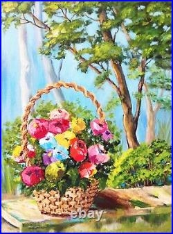 Flower Basket Wildflower Painting on Canvas Original Art Gift for Her 16 x 12