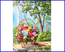 Flower Basket Wildflower Painting on Canvas Original Art Gift for Her 16 x 12