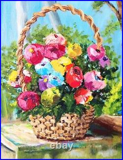 Flower Basket Wildflower Painting on Canvas Original Art Gift for Her 16 x 12