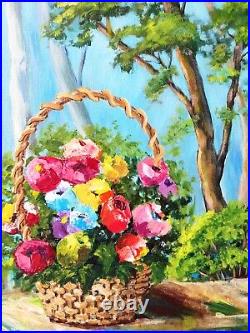 Flower Basket Wildflower Painting on Canvas Original Art Gift for Her 16 x 12