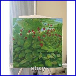 Garden, Rospberry, floral landscape, Original painting on canvas 16 x 16