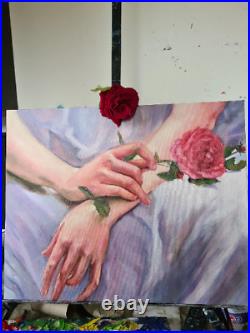 Gentle Hands with Rose Painting Original Art Oil Painting Woman Figure Art