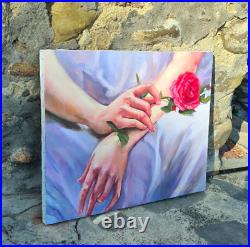 Gentle Hands with Rose Painting Original Art Oil Painting Woman Figure Art