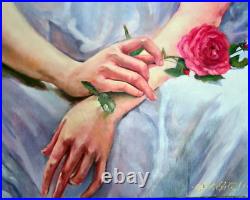 Gentle Hands with Rose Painting Original Art Oil Painting Woman Figure Art