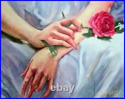 Gentle Hands with Rose Painting Original Art Oil Painting Woman Figure Art