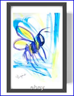Guajardo Art Bee and Blue Swirls 9X6 Paper Abstract Neon Expressionism