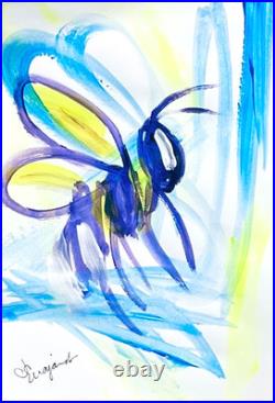 Guajardo Art Bee and Blue Swirls 9X6 Paper Abstract Neon Expressionism