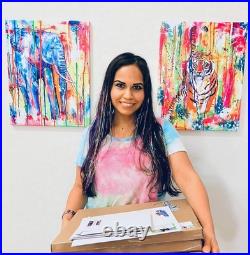 Guajardo Art Bee and Blue Swirls 9X6 Paper Abstract Neon Expressionism