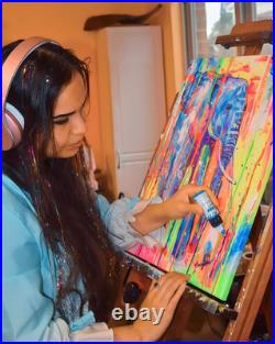 Guajardo Art Bee and Blue Swirls 9X6 Paper Abstract Neon Expressionism