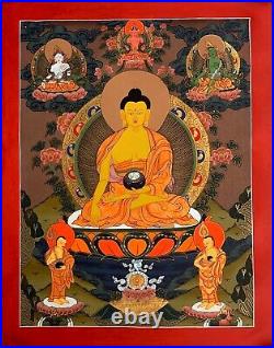 HAND-PAINTED SHAKYAMUNI, GAUTAMA BUDDHA TIBETAN THANGKA, PAINTING 15 x 20-INCH