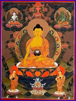 HAND-PAINTED SHAKYAMUNI, GAUTAMA BUDDHA TIBETAN THANGKA, PAINTING 15 x 20-INCH