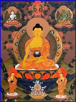 HAND-PAINTED SHAKYAMUNI, GAUTAMA BUDDHA TIBETAN THANGKA, PAINTING 15 x 20-INCH