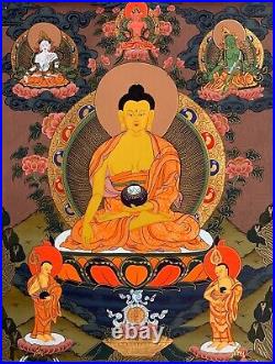 HAND-PAINTED SHAKYAMUNI, GAUTAMA BUDDHA TIBETAN THANGKA, PAINTING 15 x 20-INCH