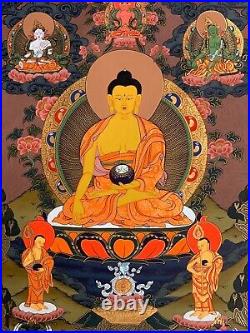 HAND-PAINTED SHAKYAMUNI, GAUTAMA BUDDHA TIBETAN THANGKA, PAINTING 15 x 20-INCH