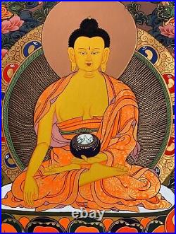 HAND-PAINTED SHAKYAMUNI, GAUTAMA BUDDHA TIBETAN THANGKA, PAINTING 15 x 20-INCH