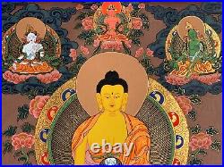 HAND-PAINTED SHAKYAMUNI, GAUTAMA BUDDHA TIBETAN THANGKA, PAINTING 15 x 20-INCH