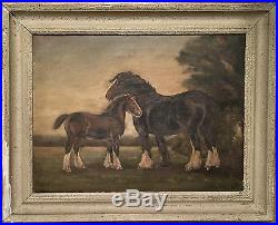 HV Lake Original Vintage Oil Signed Framed On Canvas Shire Horse With Foal