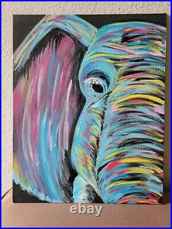 Hand Painted Elephant On Canvas Panel 11 x 14 inch-Bright Colors- Free shipping