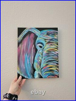 Hand Painted Elephant On Canvas Panel 11 x 14 inch-Bright Colors- Free shipping