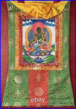 Hand Painted Green Tara Mother Goddess Tibetan Thangka Painting With Silk Border