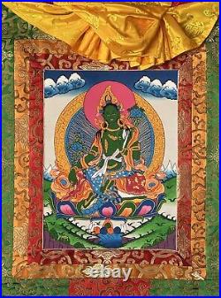 Hand Painted Green Tara Mother Goddess Tibetan Thangka Painting With Silk Border