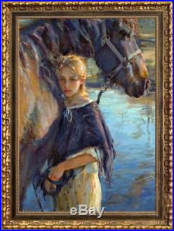 Hand-painted Original Oil Painting art Impressionism girl horse on canvas 24x36