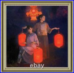 Hand painted Original Oil Painting art Portrait Chinese girl lantern on canvas