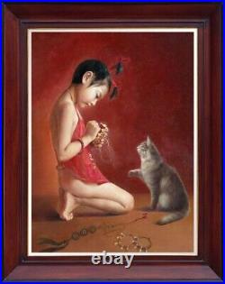 Hand painted Original Oil painting Portrait art Chinese Small girl cat On Canvas