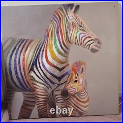 Handpainted Rainbow Zebra Painting (Acrylic) On Canvas
