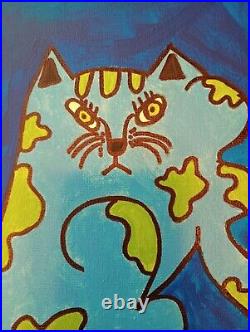 Handpainted Rare Globe Cat And A Bowl Original Acrylic Painting On Canvas OOAK