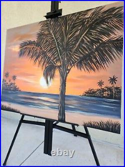 Hanh Kien Acrylic Original Art painting on canvas 42x32 beach palm tree