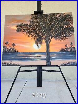 Hanh Kien Acrylic Original Art painting on canvas 42x32 beach palm tree