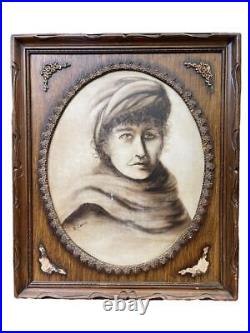 Haunted Acrylic Painting on Canvas Sad Woman Ornate Wood Frame