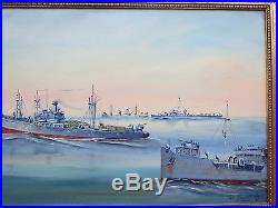 Herb Hewitt Original Oil Painting WWII Era Battleship Oil on Canvas Frame LISTED