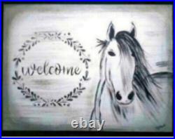Horse painting Welcome Animal Entry way head board acrylic on canvas gray