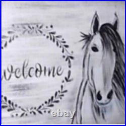 Horse painting Welcome Animal Entry way head board acrylic on canvas gray