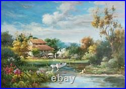 House By The Lake Hand Painted Original Art Oil Painting on Canvas 36x48
