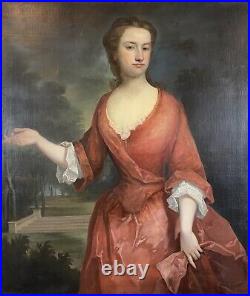 Huge Antique 18th C. English Portrait Noble Lady Courtyard Oil Painting c. 1725