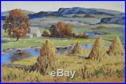 Indiana Artist Ernest Fredericks Original Oil On Canvas Landscape Haystacks