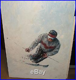 J. Woodley Man Downhill Skiing Huge Original Oil On Canvas Painting
