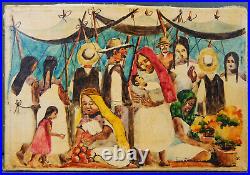 JUAN RAMIREZ ORIGINAL PAINTING 1950s MEXICO LISTED ARTIST TITLE MERCADO CANVAS