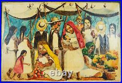 JUAN RAMIREZ ORIGINAL PAINTING 1950s MEXICO LISTED ARTIST TITLE MERCADO CANVAS