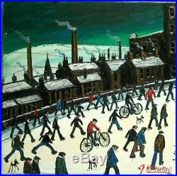 James Downie Original Painting Oil on Canvas Snowy Start In Mill Town Free P&P