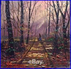 James Downie Original Painting Oil on Canvas Walk In Woods Man & Dog Free P&P