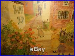 Jeanne Davies Original Folk Art Oil Painting on Canvas, Village, Listed Artist