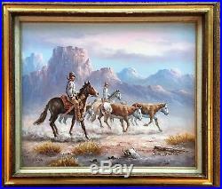 John Stanford Original Oil on Canvas Western Cowboy Horse Cattle Scene Very Nice