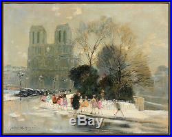 Jules R. Herve Original Painting Oil On Canvas Paris Cityscape Norte Dame Signed