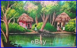 King Pinto Original Oil On Canvas Jamaican Village Landscape Painting